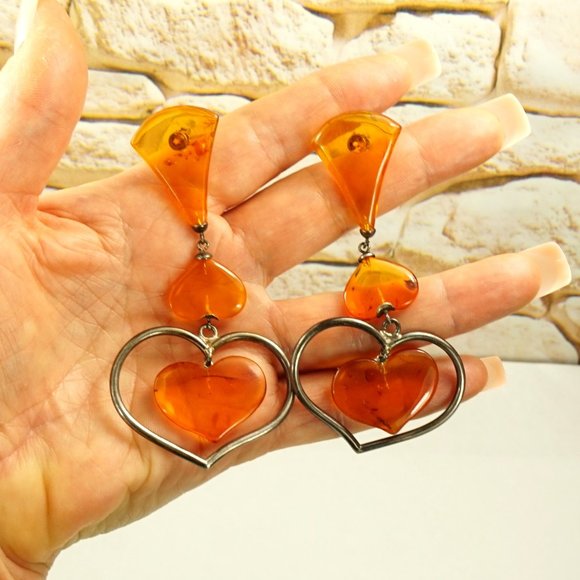 ANTIQUE AMBER EXTRA LONG EARRINGS, UNIQUE GIFT FOR WOMEN - Picture 1 of 10